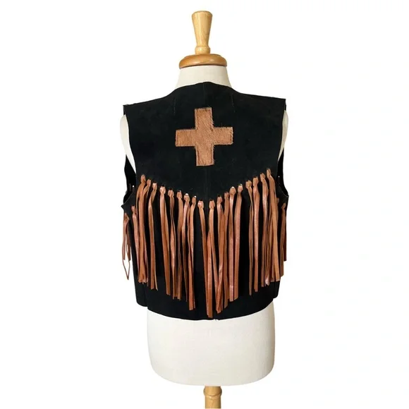 Leather Fringe Suede Vest with Cowhide Navajo Cross Appliqués Black & Chestnut - Picture 5 of 5
